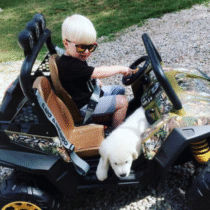 a child driving a toy car with a dog